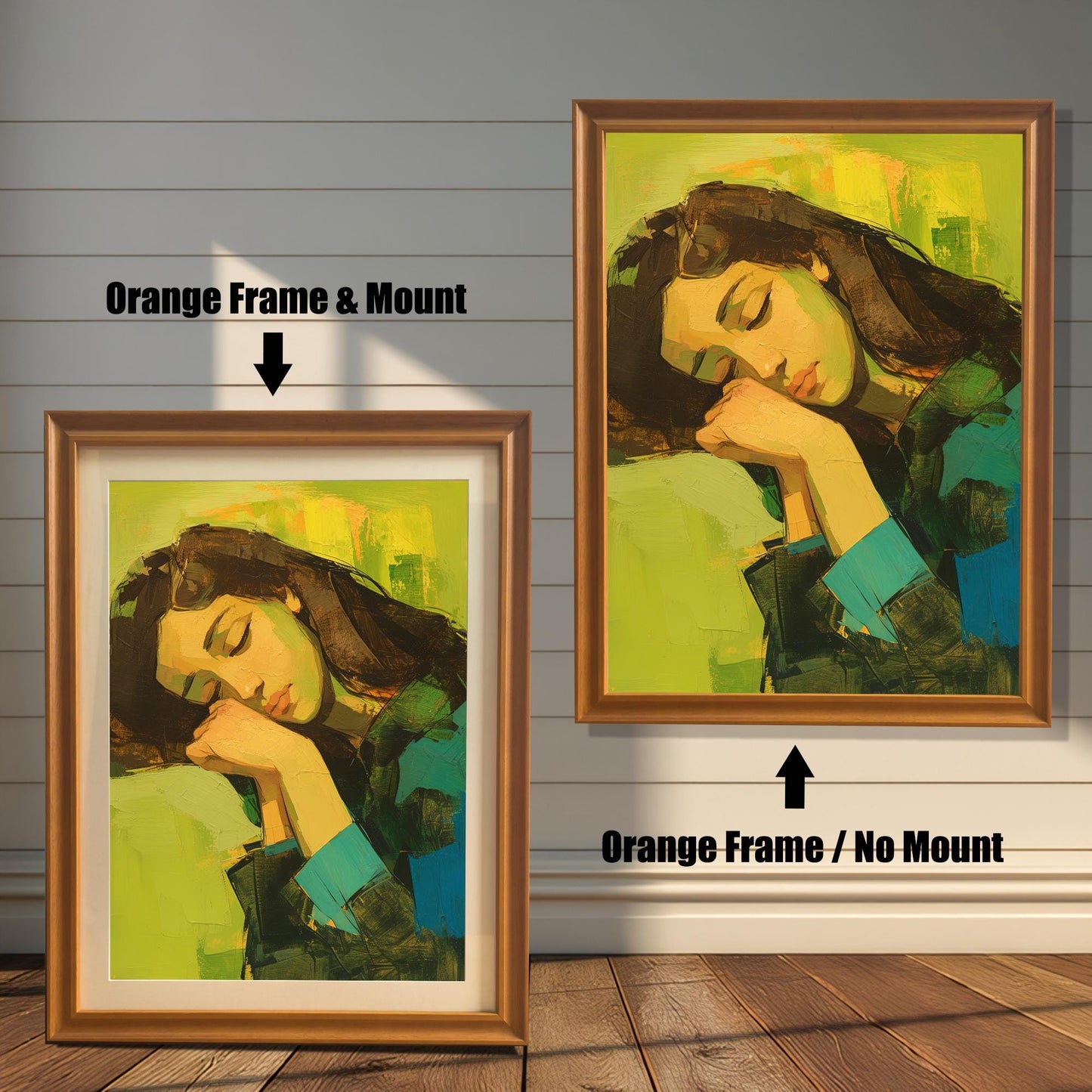 Two versions of a wall art print with an orange-colored frame are shown side by side against a wooden wall. The print on the left is a smaller version with a mount (matting) around the artwork. The print on the right is a larger version without a mount. The image is labeled with "Orange Frame & Mount" and "Orange Frame / No Mount."