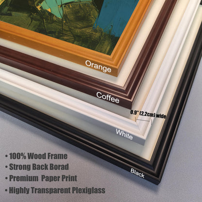 A close-up image showing four different frame color options stacked on top of each other. From bottom to top, the frames are Black, White, Coffee, and Orange. The image text points out that the frames are 0.9 inches (2.2 cm) wide and are made of 100% wood, with a strong backboard, premium paper print, and highly transparent plexiglass.