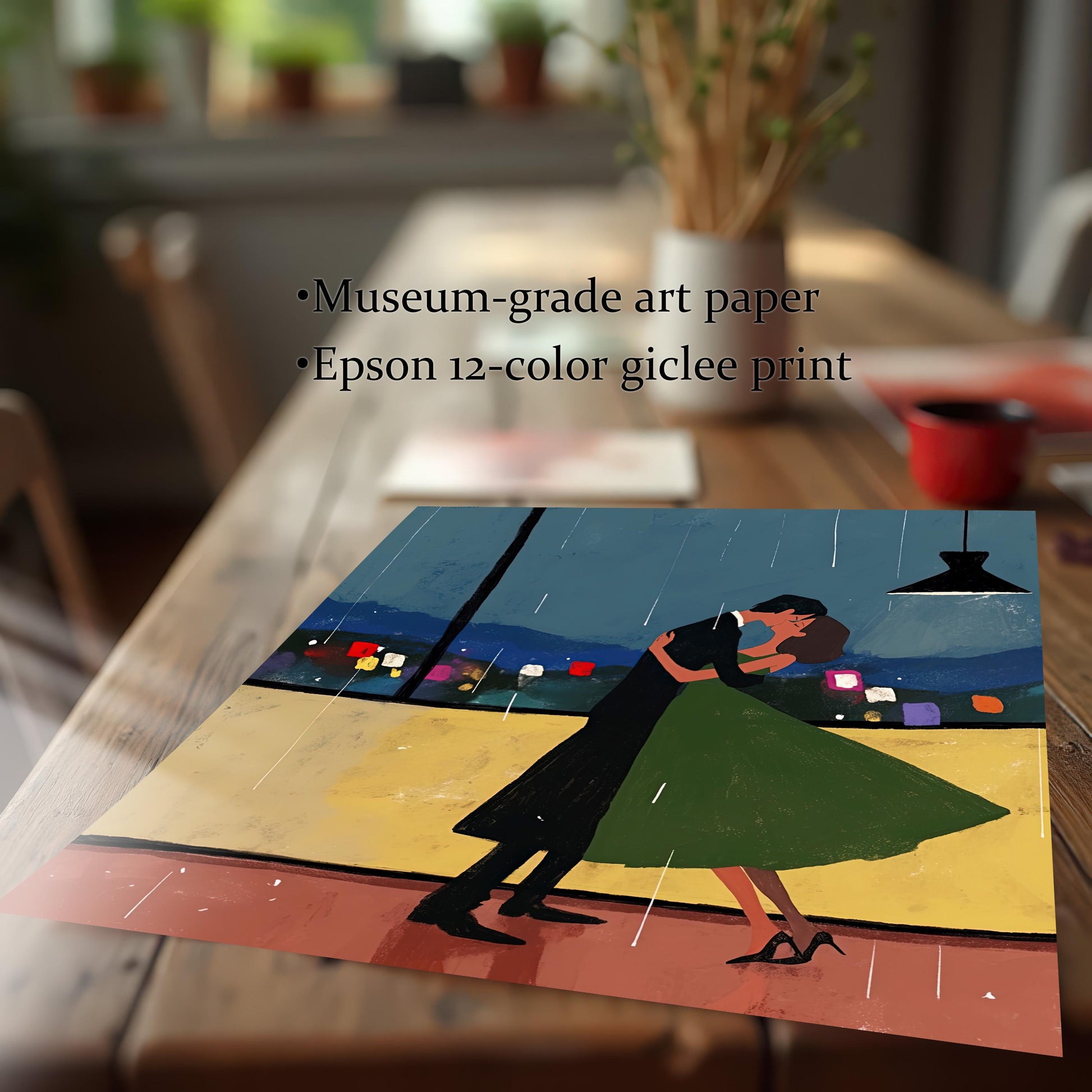 A wall art print with the painting of a couple dancing, displayed unframed and resting on a wooden table. The image text highlights that the print uses "Museum-grade art paper" and "Epson 12-color giclee print."