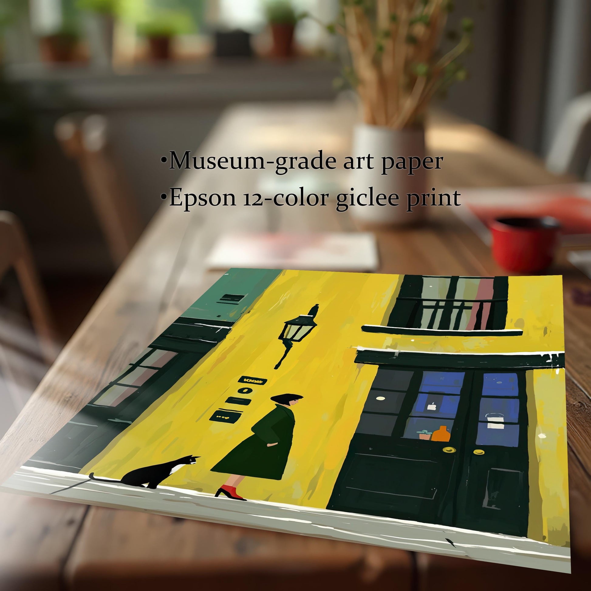 A close-up shot of the unframed art print lying on a wooden table. The text "Museum-grade art paper" and "Epson 12-color giclee print" is overlaid on the image.