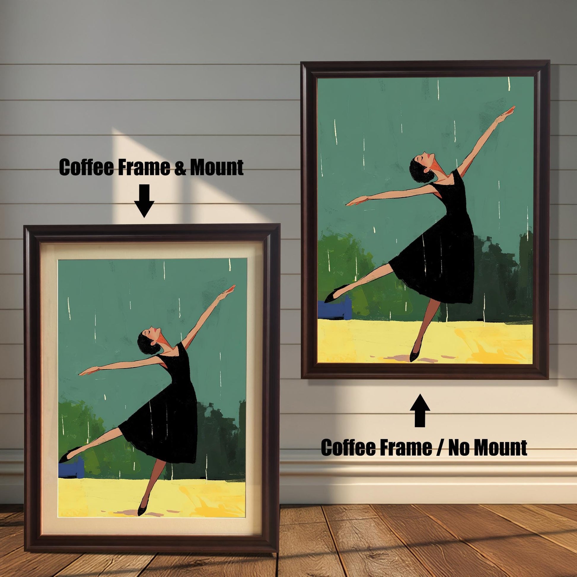 Two framed versions of the wall art print are shown against a white wooden wall. The image on the left, labeled "Coffee Frame & Mount," shows the print with a mat inside a coffee-colored frame. The image on the right, labeled "Coffee Frame / No Mount," shows the print directly framed in coffee without a mat.