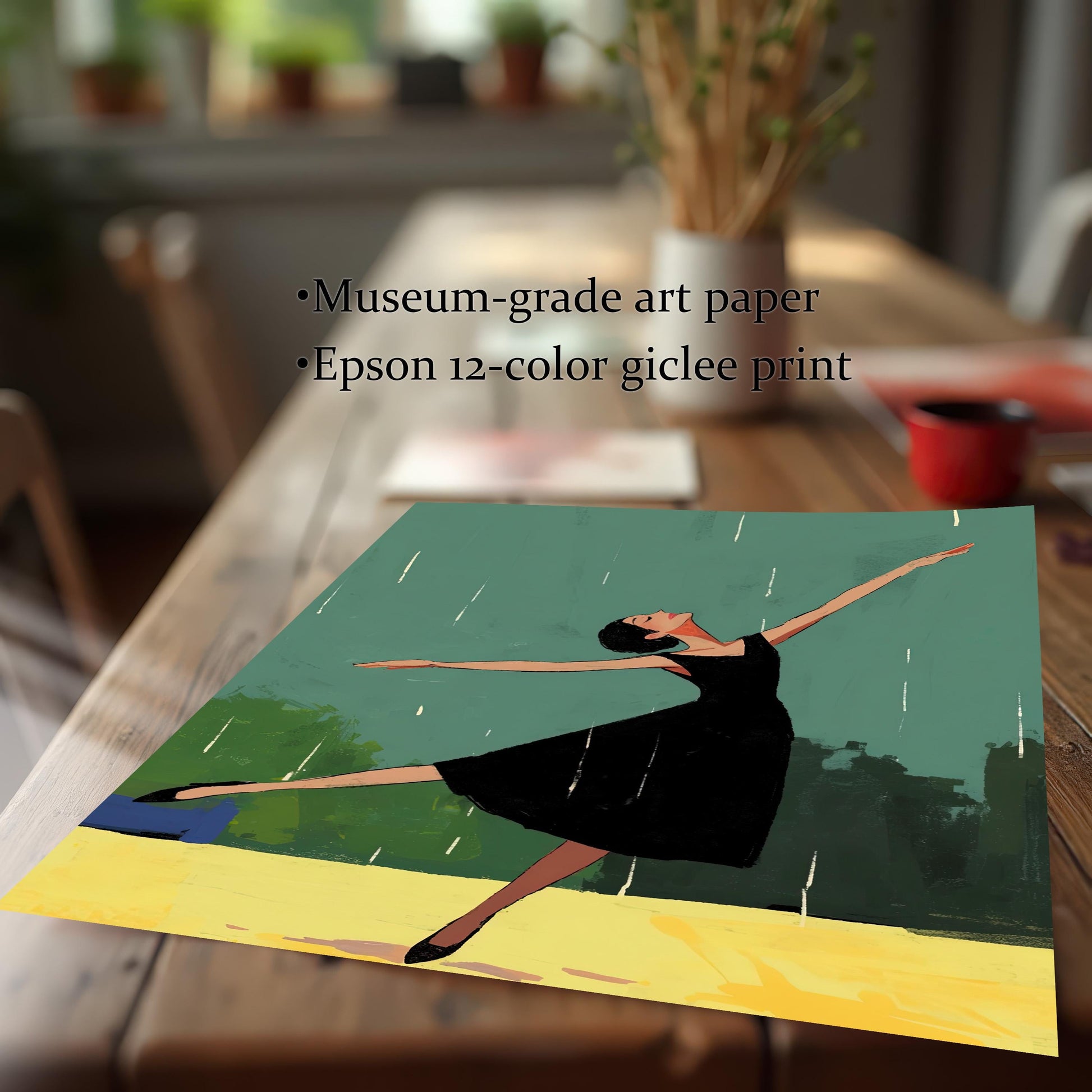 A close-up shot of the unframed art print lying on a wooden table. The text "Museum-grade art paper" and "Epson 12-color giclee print" is overlaid on the image.