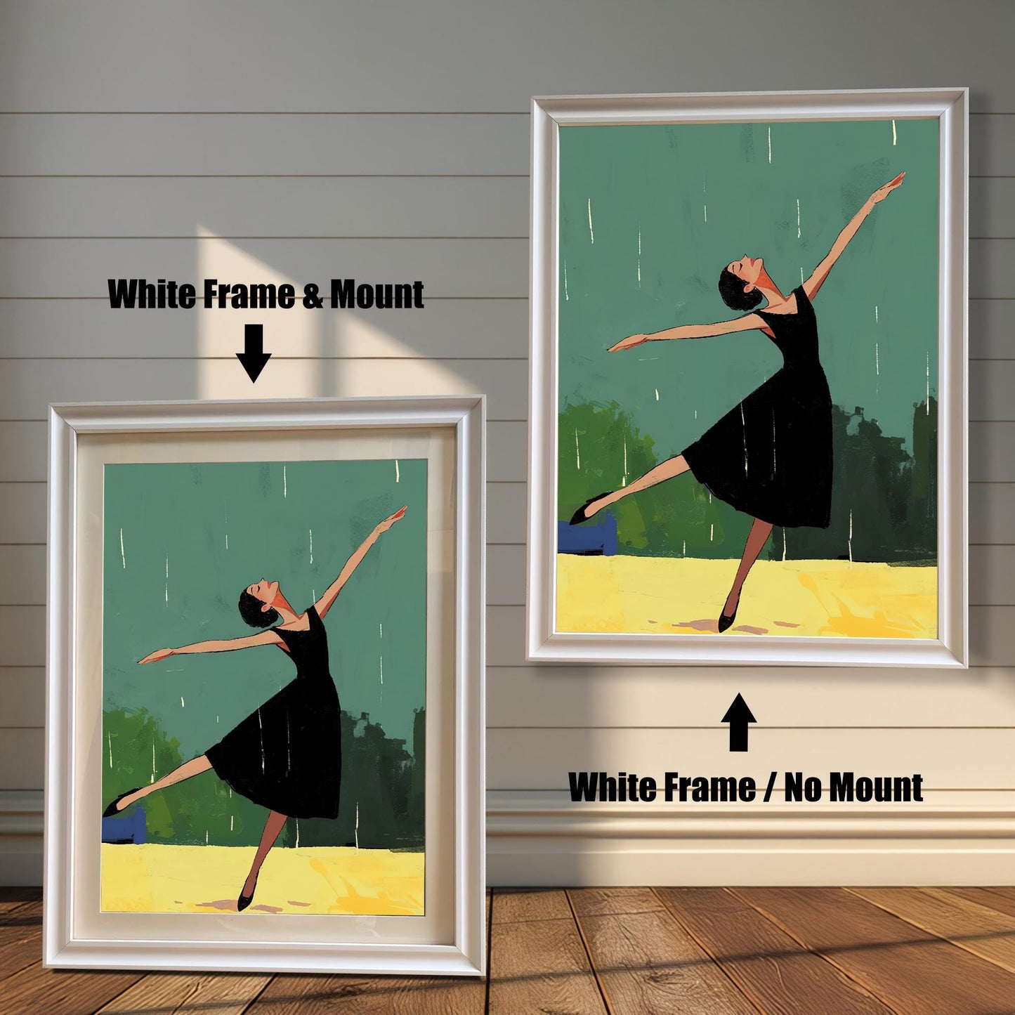 Two framed versions of the wall art print are shown against a white wooden wall. The image on the left, labeled "White Frame & Mount," shows the print with a mat inside a white frame. The image on the right, labeled "White Frame / No Mount," shows the print directly framed in white without a mat.