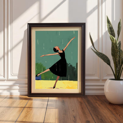 A framed wall art print in a dark coffee-colored frame is leaning against a white wooden wall next to a houseplant.