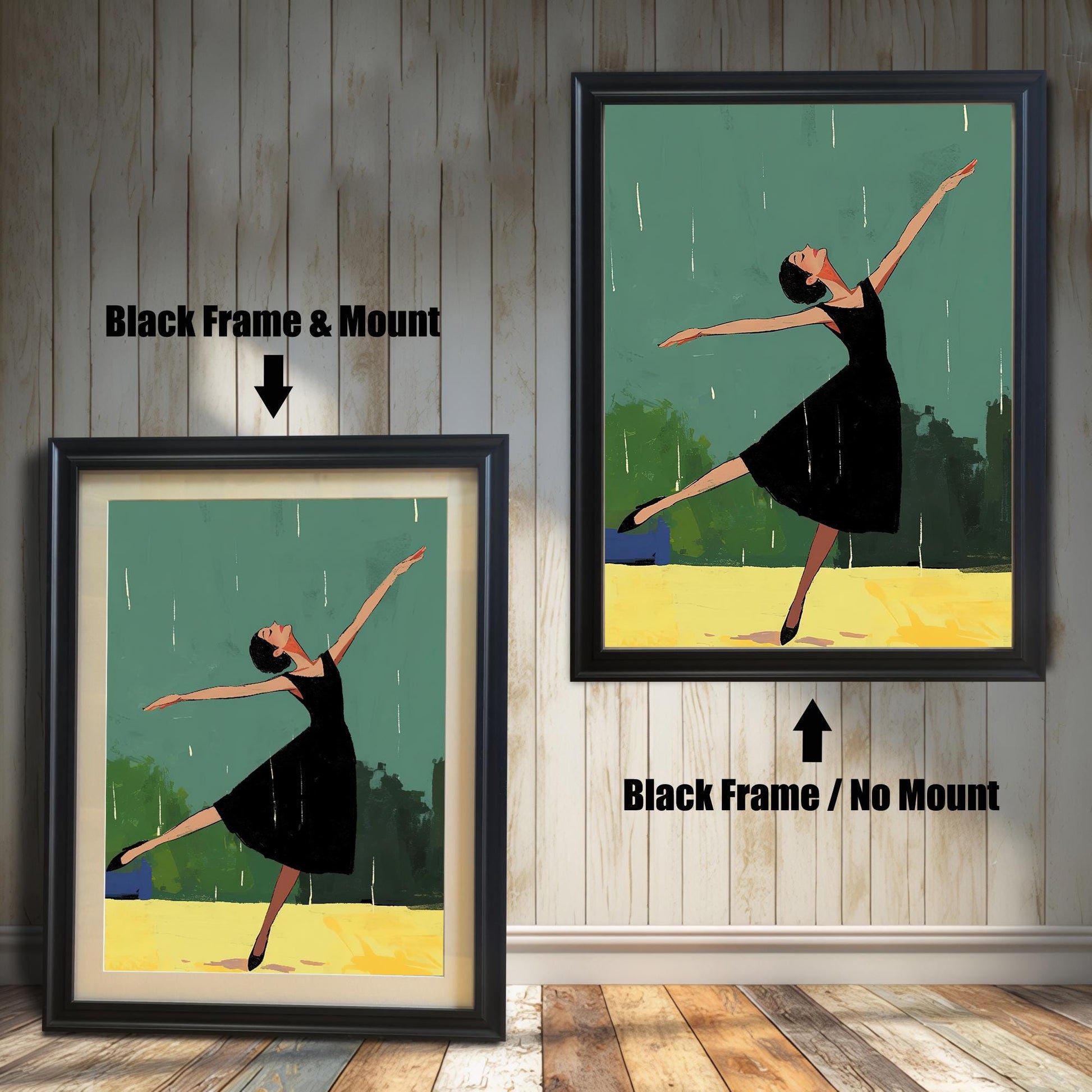 Two framed versions of the wall art print are shown against a white wooden wall. The image on the left, labeled "Black Frame & Mount," shows the print with a mat inside a black frame. The image on the right, labeled "Black Frame / No Mount," shows the print directly framed in black without a mat.
