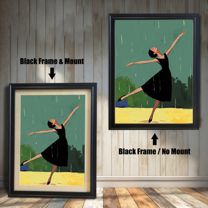 Two framed versions of the wall art print are shown against a white wooden wall. The image on the left, labeled "Black Frame & Mount," shows the print with a mat inside a black frame. The image on the right, labeled "Black Frame / No Mount," shows the print directly framed in black without a mat.