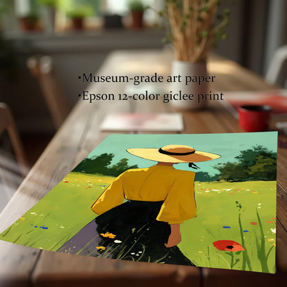 A close-up, angled shot of a museum-grade art print lying on a rustic wooden table. The print depicts a person in a yellow shirt and black skirt with a wide-brimmed straw hat, standing in a field of green grass and wildflowers. Text on the image reads: "Museum-grade art paper" and "Epson 12-color giclee print."