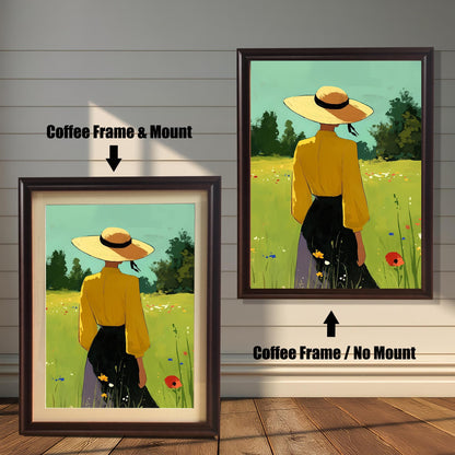 A split-view image showing two framed art prints against a white wood-paneled wall. The left print has a coffee-colored frame and a white mount, with a black arrow pointing to it and text that says "Coffee Frame & Mount." The right print has the same coffee-colored frame but no mount, with a black arrow pointing up to it and text that says "Coffee Frame / No Mount." Both prints show the same image of a person in a yellow shirt and straw hat standing in a grassy field.