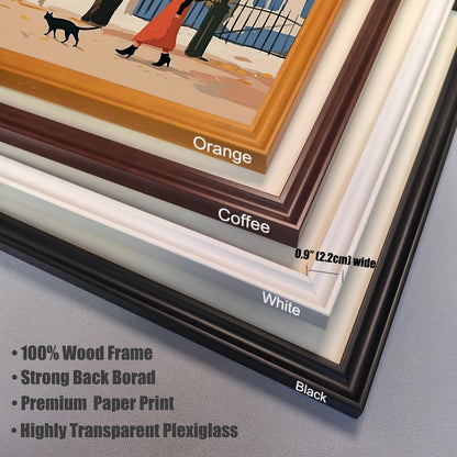 A detail shot of four different frame colors (orange, coffee, white, and black), highlighting the 0.9-inch (2.2cm) width and listing materials like 100% wood and highly transparent plexiglass.