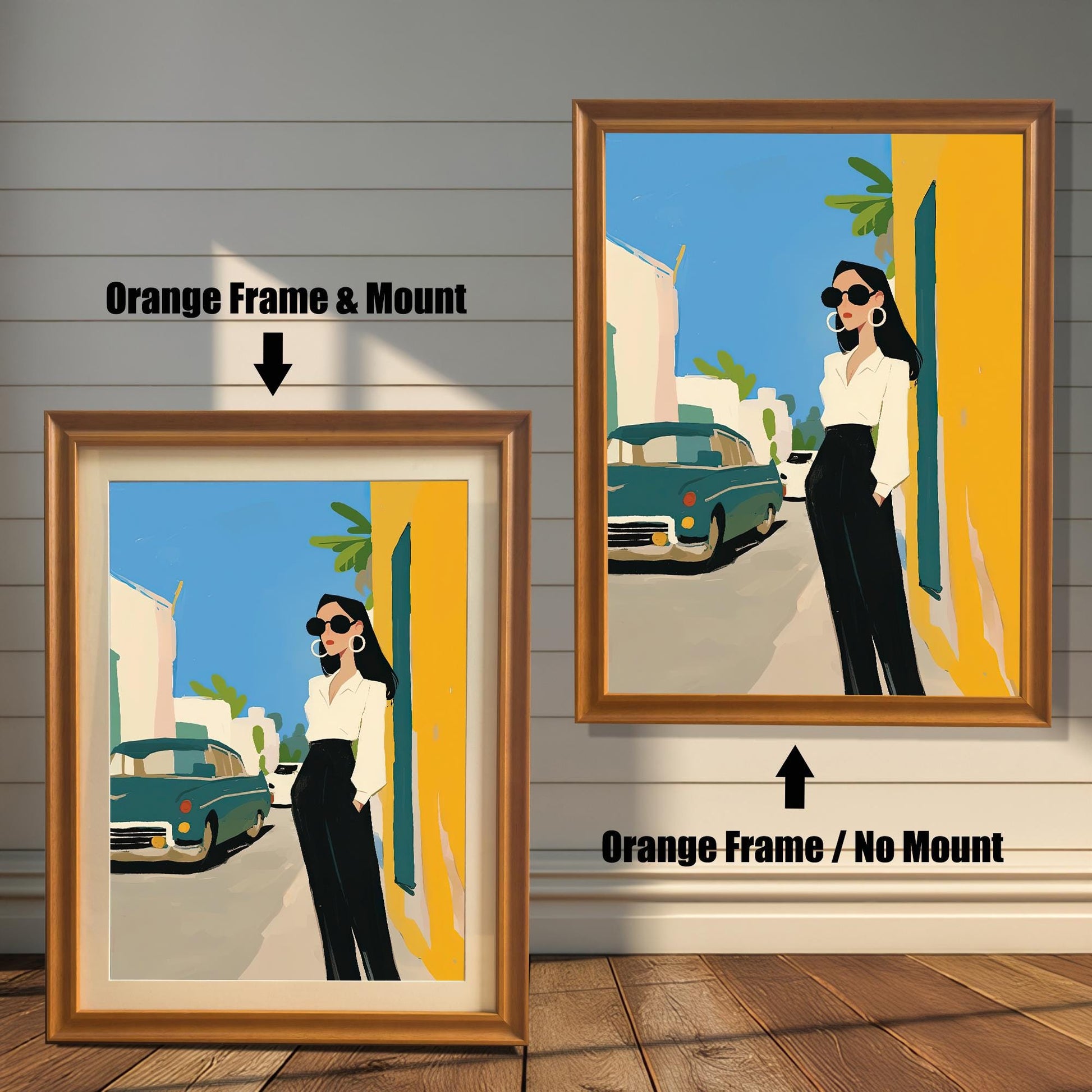 A split image showing two different framing options for the same artwork. On the left, a framed print with an orange wood-tone frame and a white mat (mount) is labeled "Orange Frame & Mount." On the right, the same print is shown in an orange wood-tone frame without a mat, labeled "Orange Frame / No Mount." Both images are against a rustic wood-paneled wall.