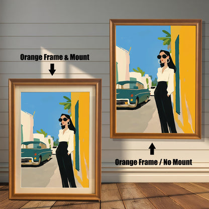 A split image showing two different framing options for the same artwork. On the left, a framed print with an orange wood-tone frame and a white mat (mount) is labeled "Orange Frame & Mount." On the right, the same print is shown in an orange wood-tone frame without a mat, labeled "Orange Frame / No Mount." Both images are against a rustic wood-paneled wall.