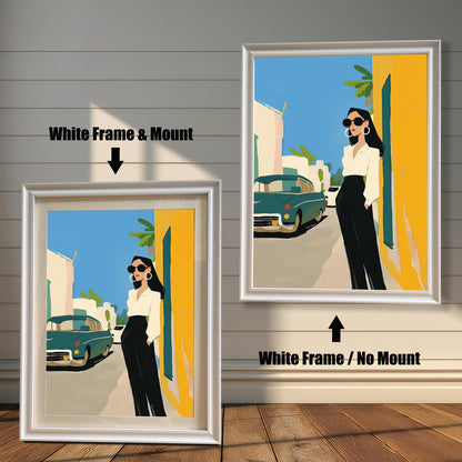 A split image showing two different framing options for the same artwork. On the left, a framed print with a white frame and a white mat (mount) is labeled "White Frame & Mount." On the right, the same print is shown in a white frame without a mat, labeled "White Frame / No Mount." Both images are against a rustic wood-paneled wall.