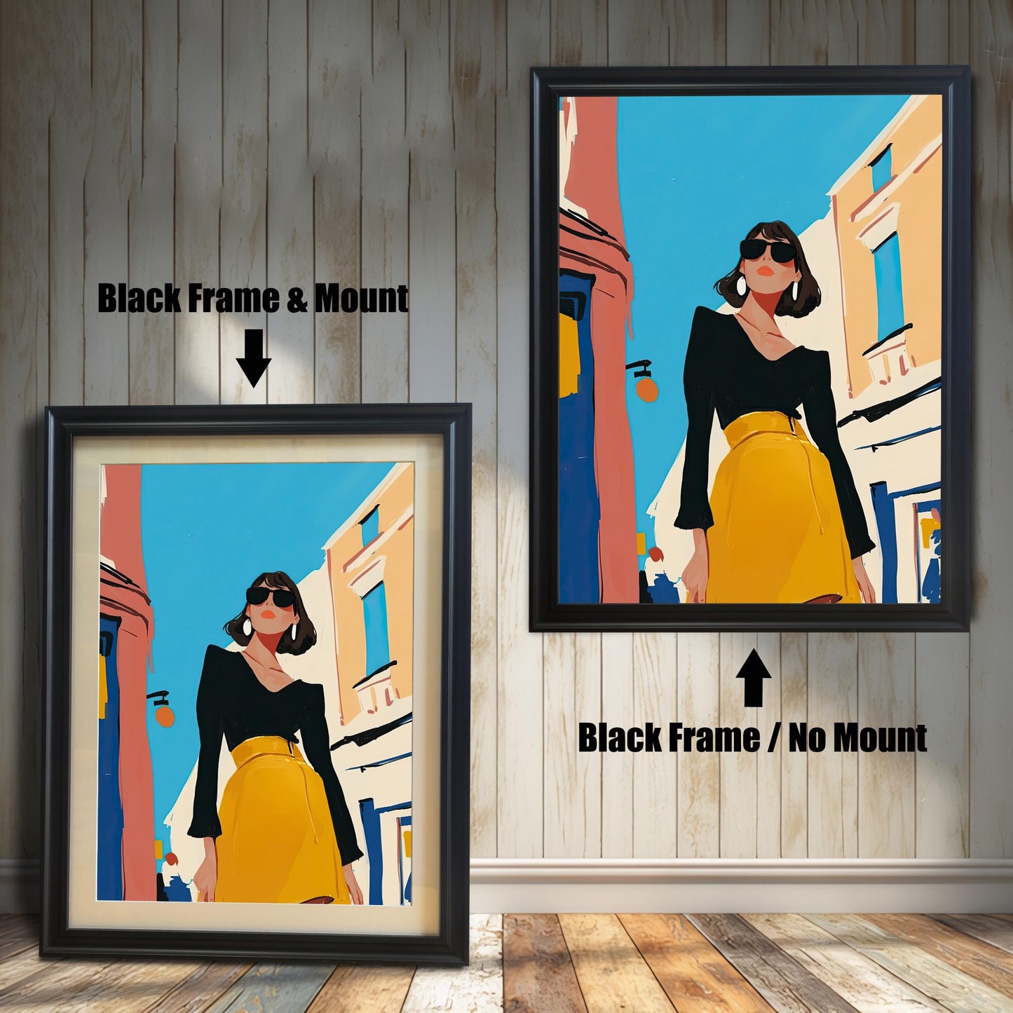 A split image showing two different framing options for the same artwork. On the left, a framed print with a black frame and a white mat (mount) is labeled "Black Frame & Mount." On the right, the same print is shown in a black frame without a mat, labeled "Black Frame / No Mount." Both images are against a rustic wood-paneled wall. The art depicts a stylish woman in a black shirt and yellow skirt standing on a street.