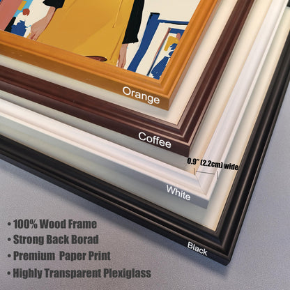A close-up, angled shot showing the four different frame colors available: orange, coffee, white, and black. A measurement is included, showing the frame width is 0.9 inches (2.2 cm). Text highlights the product features: 100% Wood Frame, Strong Back Borad, Premium Paper Print, and Highly Transparent Plexiglass.