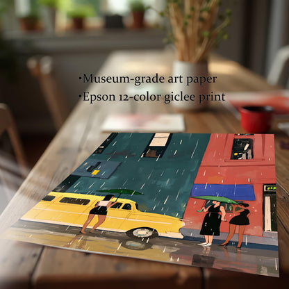 A close-up shot of an unframed art print lying on a rustic wooden table. The art depicts a street scene with a yellow bus and three women with umbrellas in the rain. Text on the image highlights the quality of the print: "Museum-grade art paper" and "Epson 12-color giclee print."