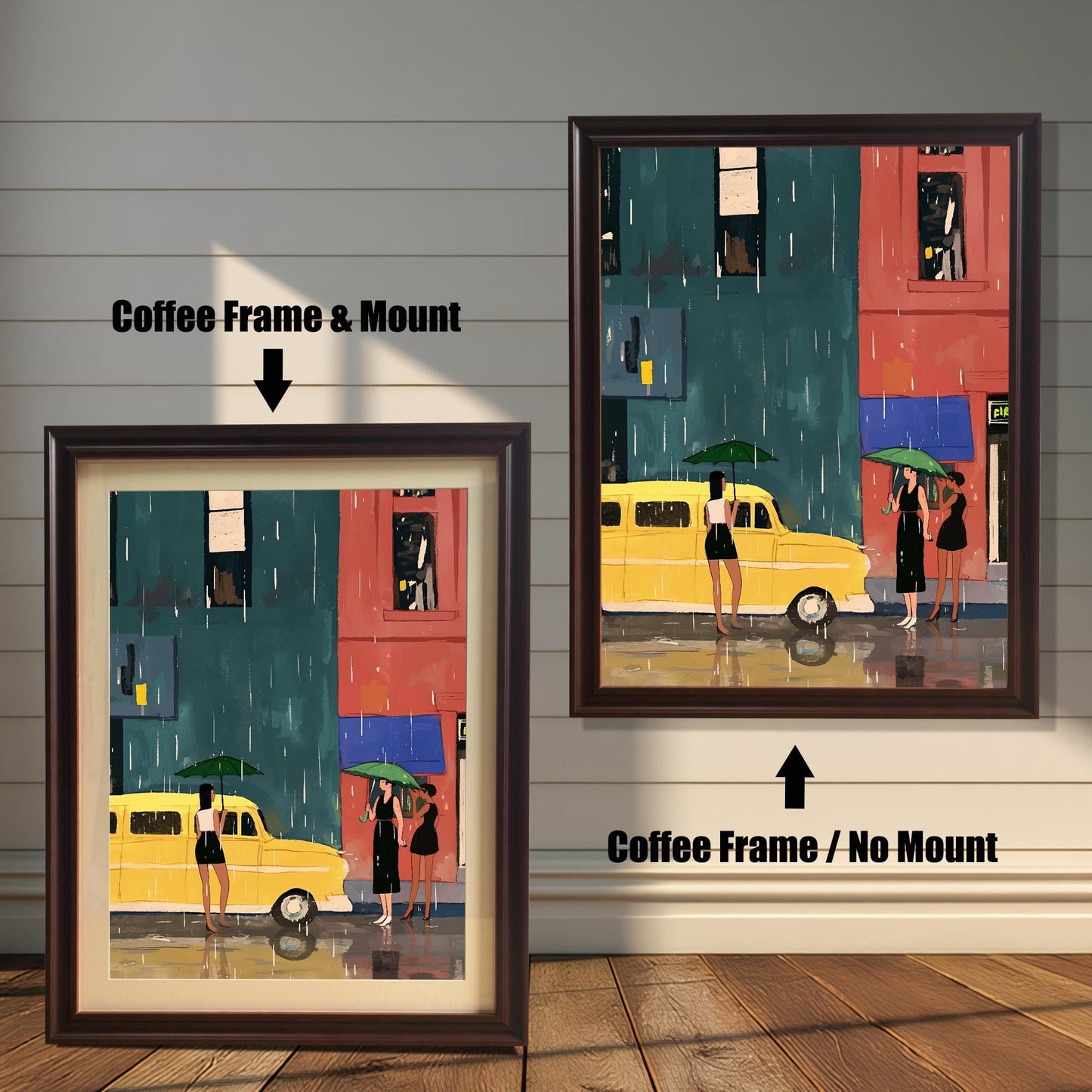 A split image showing two different framing options for the same artwork. On the left, a framed print with a coffee brown frame and a white mat (mount) is labeled "Coffee Frame & Mount." On the right, the same print is shown in a coffee brown frame without a mat, labeled "Coffee Frame / No Mount." Both images are against a rustic wood-paneled wall. The art depicts a street scene with a yellow bus and three women with umbrellas in the rain.