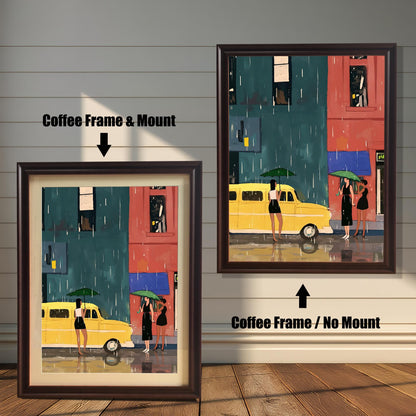A split image showing two different framing options for the same artwork. On the left, a framed print with a coffee brown frame and a white mat (mount) is labeled "Coffee Frame & Mount." On the right, the same print is shown in a coffee brown frame without a mat, labeled "Coffee Frame / No Mount." Both images are against a rustic wood-paneled wall. The art depicts a street scene with a yellow bus and three women with umbrellas in the rain.