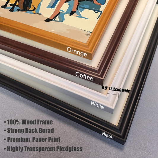 A close-up, angled shot showing the four different frame colors available: orange, coffee, white, and black. A measurement is included, showing the frame width is 0.9 inches (2.2 cm). Text highlights the product features: 100% Wood Frame, Strong Back Borad, Premium Paper Print, and Highly Transparent Plexiglass.