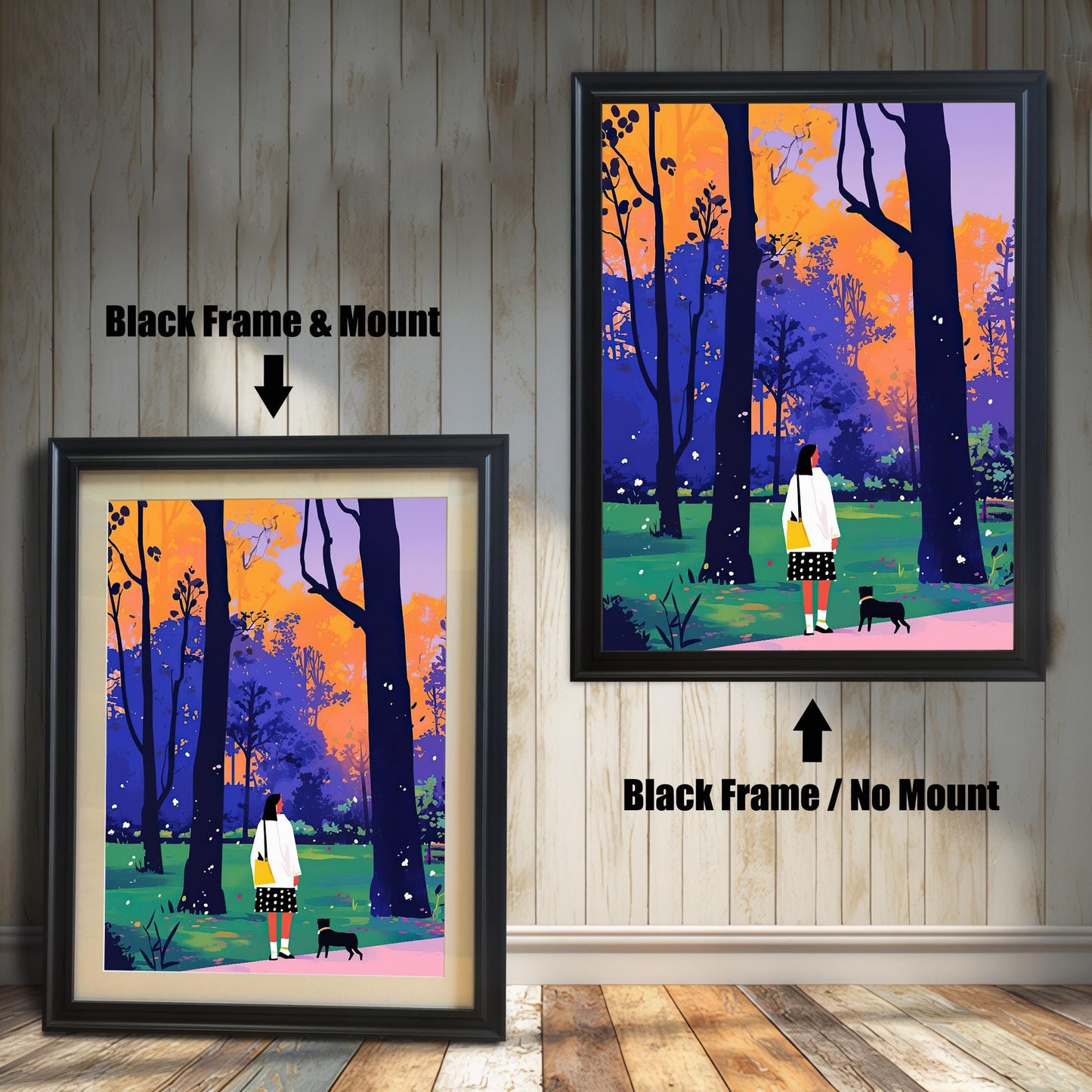 A split image showing two different framing options for the same artwork. On the left, a framed print with a black frame and a white mat (mount) is labeled "Black Frame & Mount." On the right, the same print is shown in a black frame without a mat, labeled "Black Frame / No Mount." Both images are against a rustic wood-paneled wall. The art depicts a woman and a small black dog walking through a park with colorful trees.
