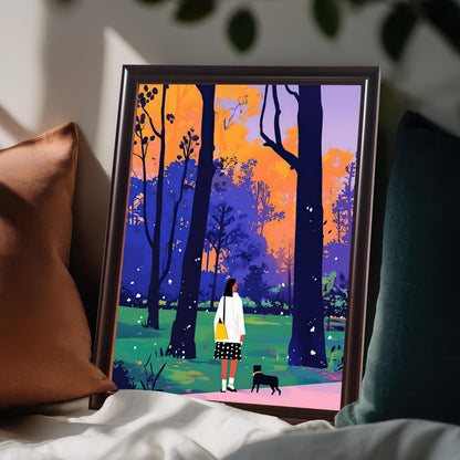 A framed art print with a coffee brown frame and a white mat leans on a bed between two pillows, one brown and one teal. The art depicts a woman and a small black dog walking through a park with colorful trees.