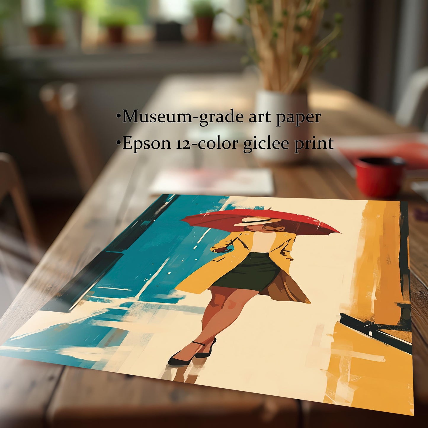A close-up, angled shot of the unframed artwork print lying on a wooden table. The text "Museum-grade art paper" and "Epson 12-color giclee print" is overlaid on the image.
