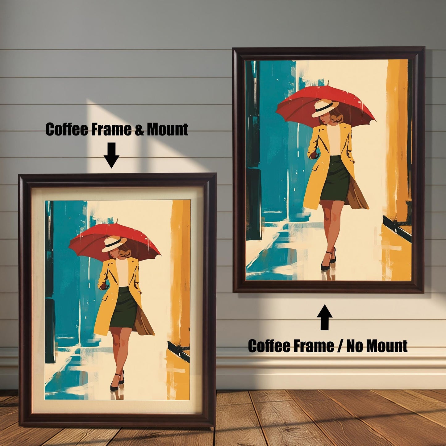 A product comparison showing two versions of the same artwork side-by-side. On the left, the print is in a coffee-colored frame with a mount. On the right, the print is in a coffee-colored frame without a mount. The text "Coffee Frame & Mount" and "Coffee Frame / No Mount" points to the respective images.