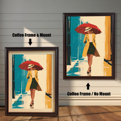 A product comparison showing two versions of the same artwork side-by-side. On the left, the print is in a coffee-colored frame with a mount. On the right, the print is in a coffee-colored frame without a mount. The text "Coffee Frame & Mount" and "Coffee Frame / No Mount" points to the respective images.