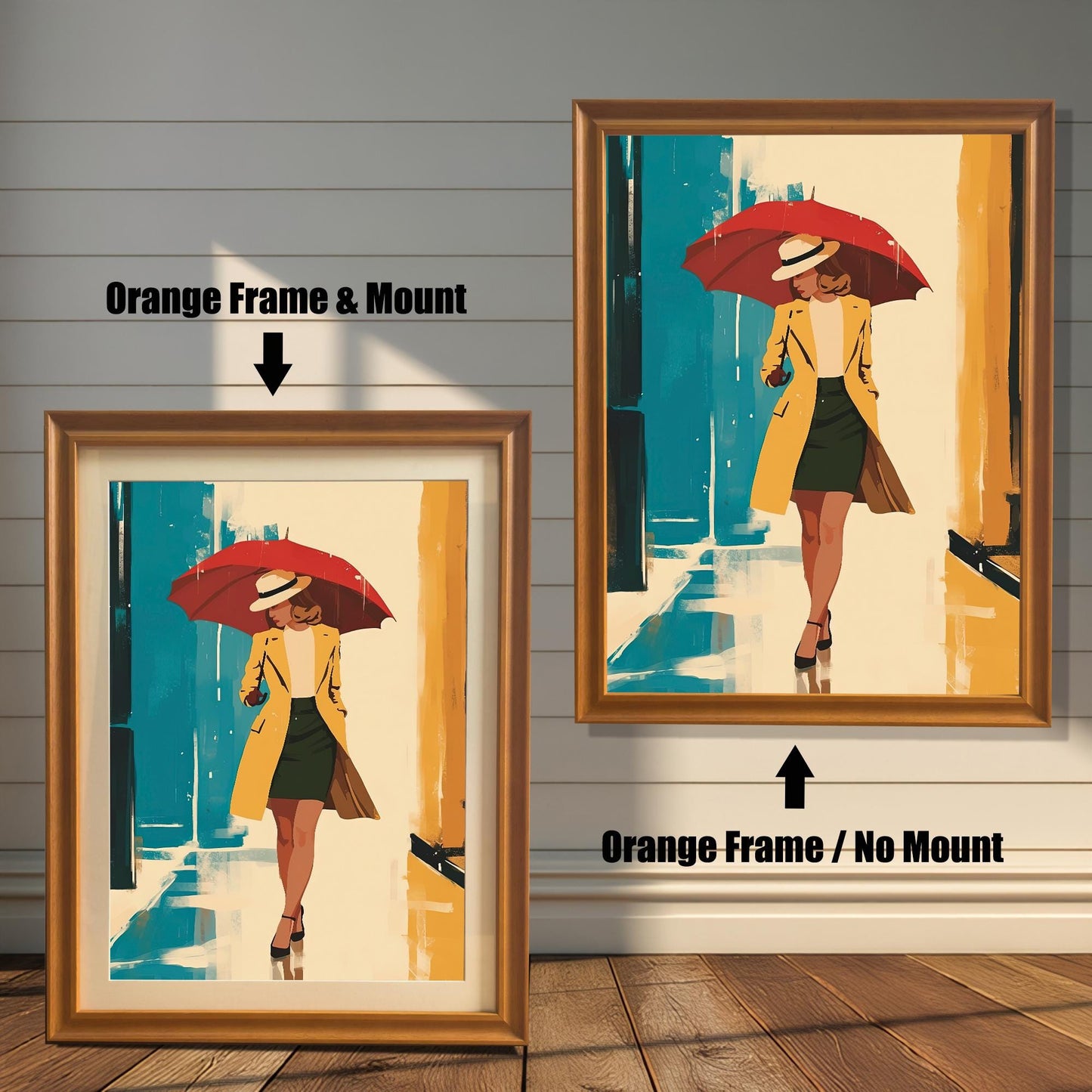 A product comparison showing two versions of the same artwork side-by-side. On the left, the print is in an orange-colored frame with a mount. On the right, the print is in an orange-colored frame without a mount. The text "Orange Frame & Mount" and "Orange Frame / No Mount" points to the respective images.