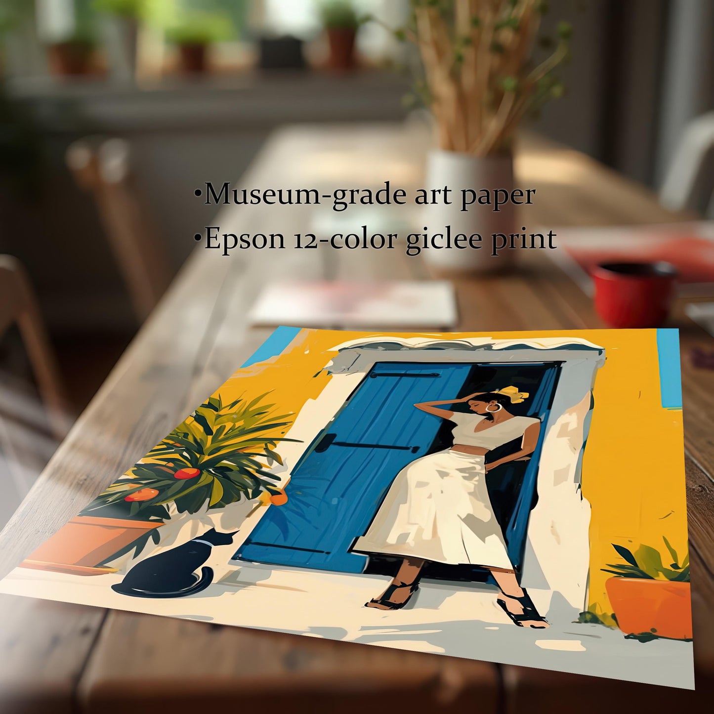 A close-up, angled shot of the unframed artwork print lying on a wooden table. The text "Museum-grade art paper" and "Epson 12-color giclee print" is overlaid on the image.