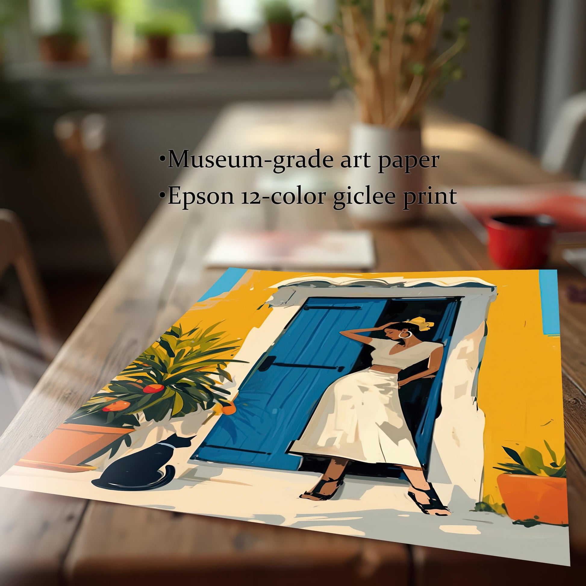 A close-up, angled shot of the unframed artwork print lying on a wooden table. The text "Museum-grade art paper" and "Epson 12-color giclee print" is overlaid on the image.