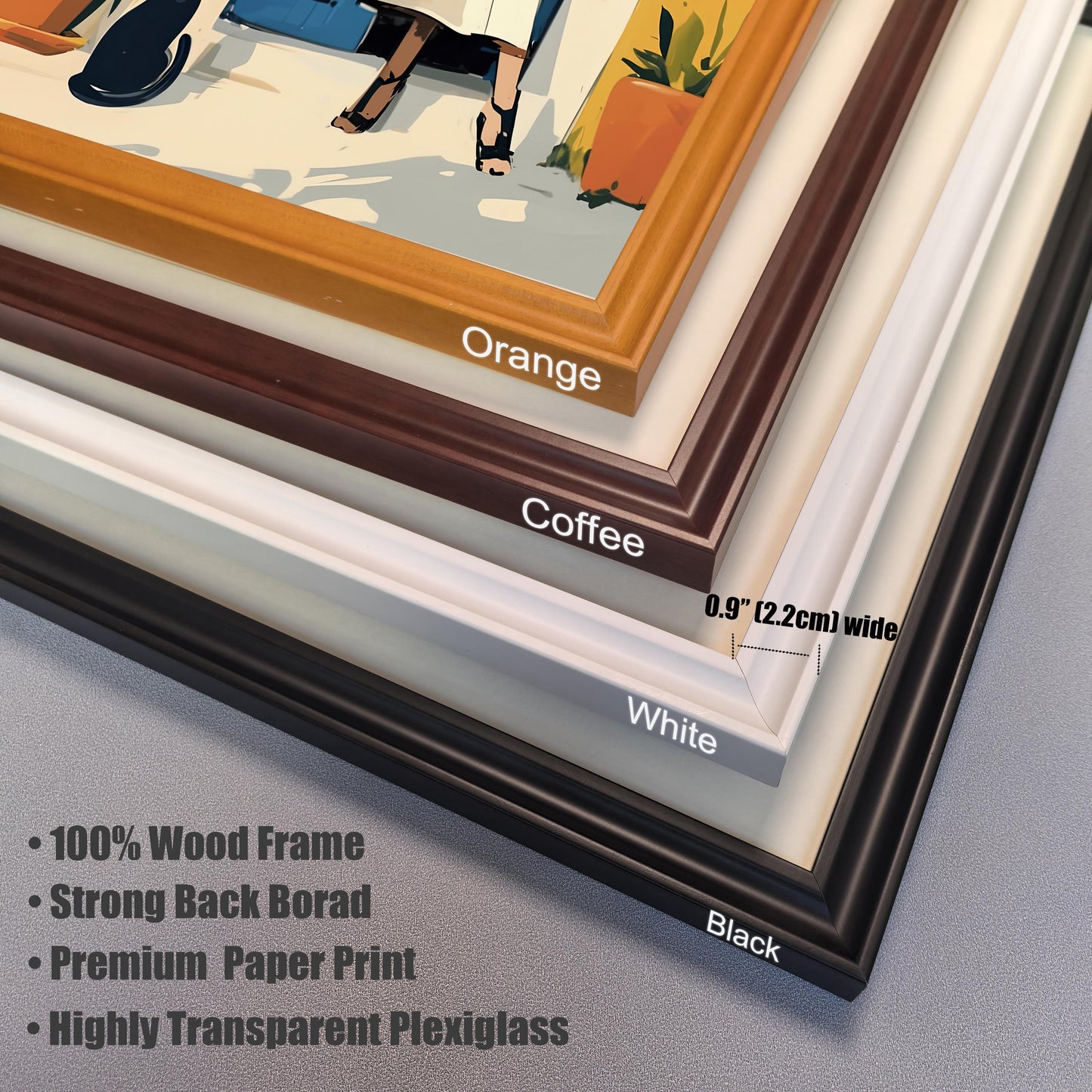 A close-up shot of the corner of four different frames stacked on top of each other. The frames are labeled "Orange," "Coffee," "White," and "Black." Text on the image highlights the frame width (0.9" [2.2cm] wide) and lists features: "100% Wood Frame," "Strong Back Board," "Premium Paper Print," and "Highly Transparent Plexiglass."