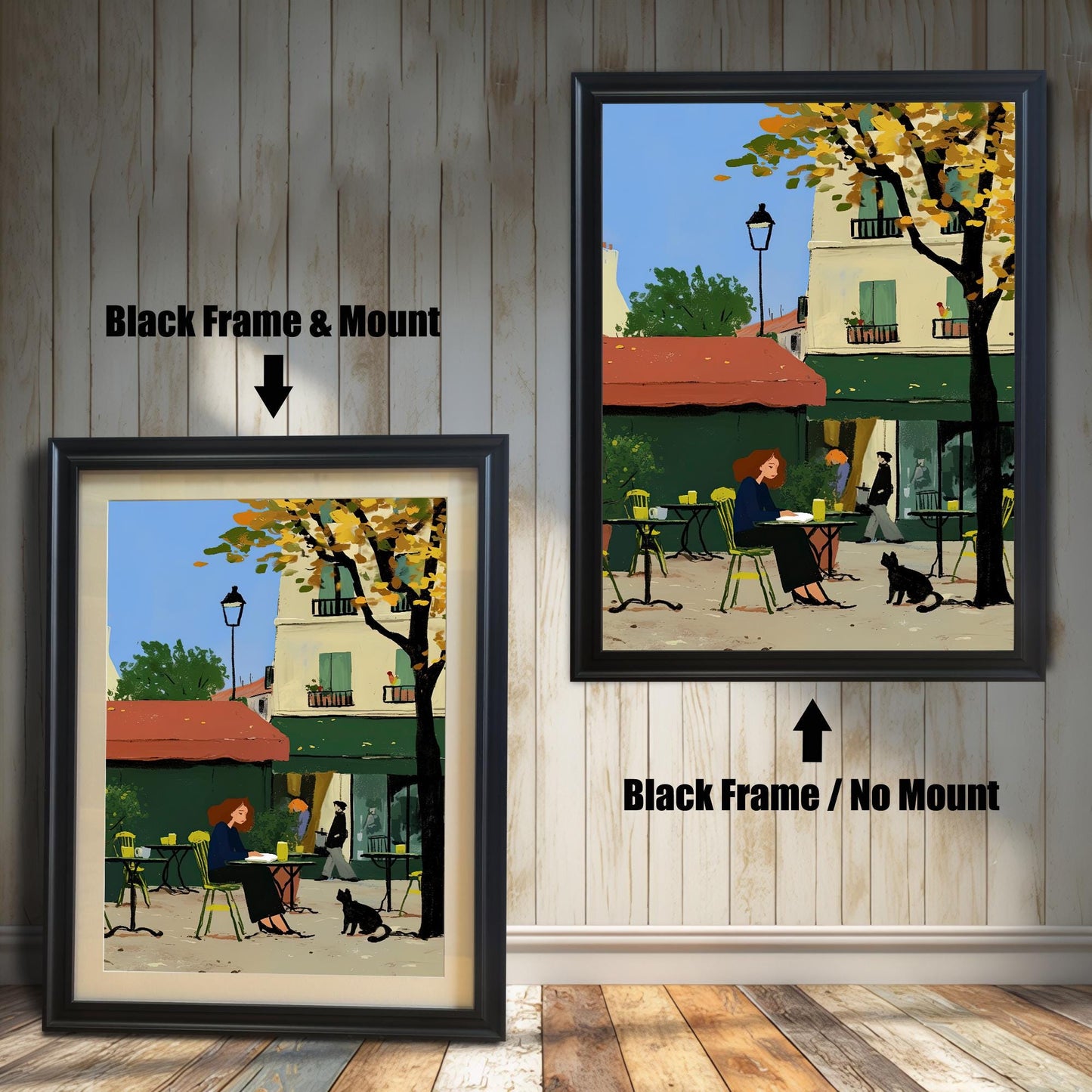 A product comparison showing two versions of the same artwork side-by-side. On the left, the print is in a black frame with a white mount. On the right, the print is in a black frame without a mount. The text "Black Frame & Mount" and "Black Frame / No Mount" points to the respective images.