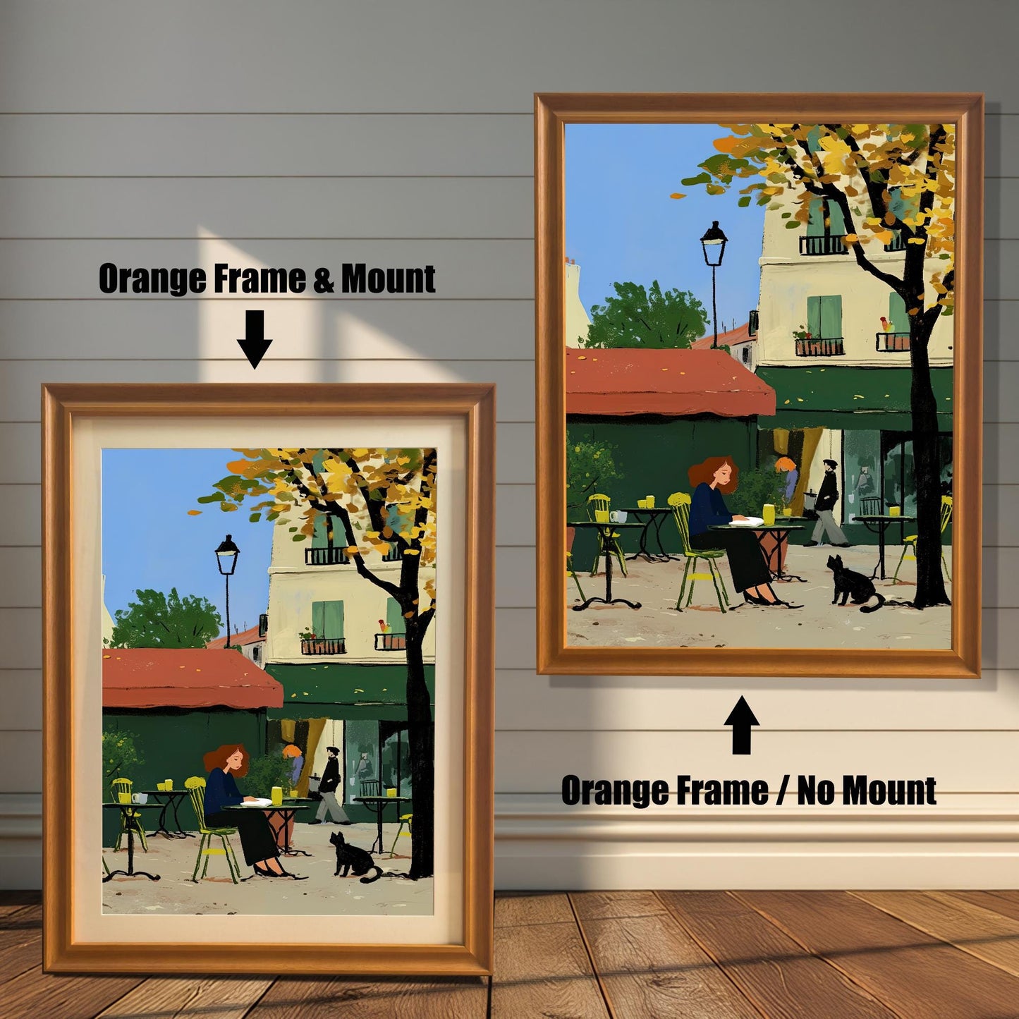 A product comparison showing two versions of the same artwork side-by-side. On the left, the print is in an orange-colored frame with a white mount. On the right, the print is in an orange-colored frame without a mount. The text "Orange Frame & Mount" and "Orange Frame / No Mount" points to the respective images.