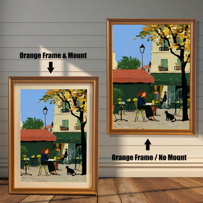 A product comparison showing two versions of the same artwork side-by-side. On the left, the print is in an orange-colored frame with a white mount. On the right, the print is in an orange-colored frame without a mount. The text "Orange Frame & Mount" and "Orange Frame / No Mount" points to the respective images.