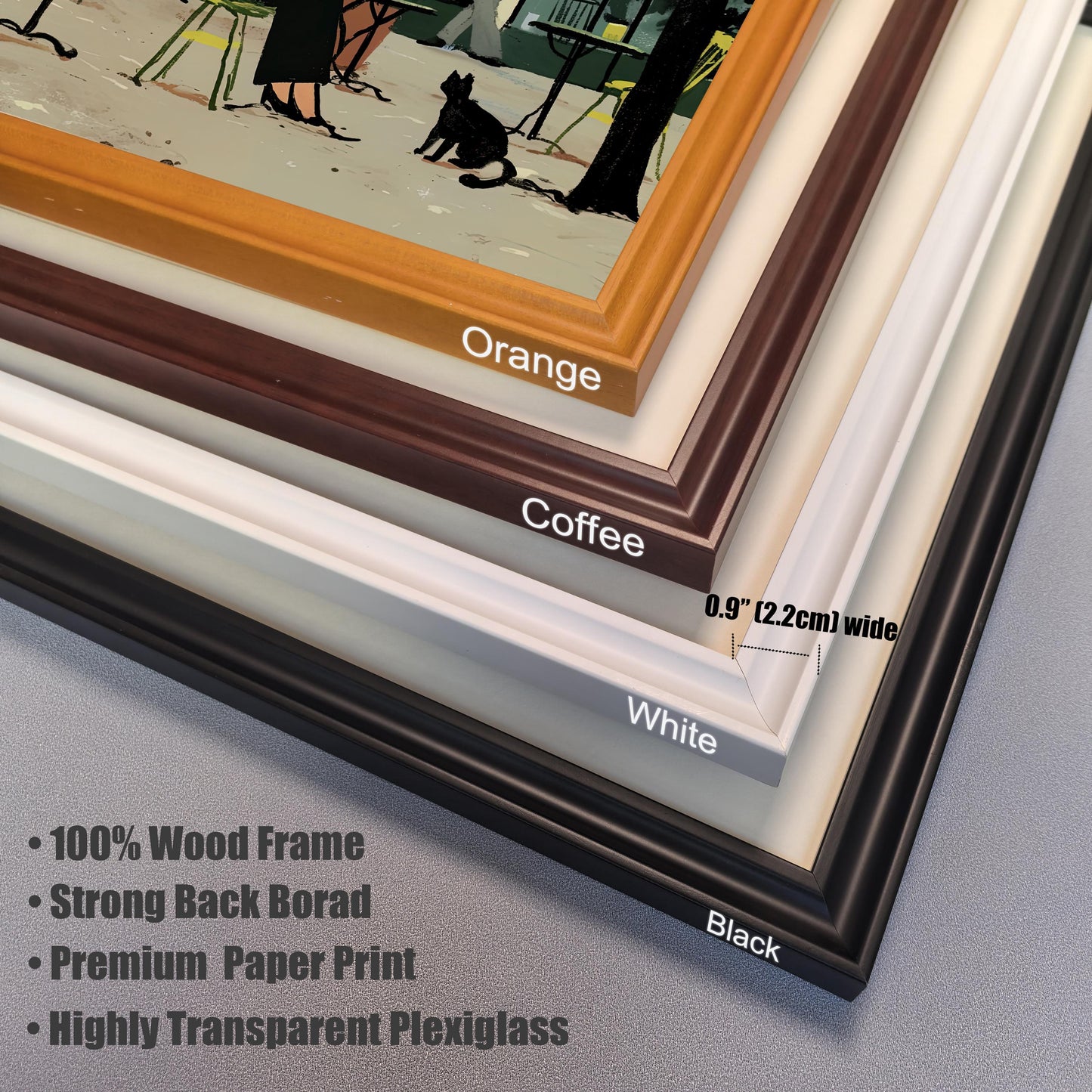 A close-up shot of the corner of four different frames stacked on top of each other. The frames are labeled "Orange," "Coffee," "White," and "Black." Text on the image highlights the frame width (0.9" [2.2cm] wide) and lists features: "100% Wood Frame," "Strong Back Board," "Premium Paper Print," and "Highly Transparent Plexiglass."