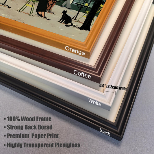 A close-up shot of the corner of four different frames stacked on top of each other. The frames are labeled "Orange," "Coffee," "White," and "Black." Text on the image highlights the frame width (0.9" [2.2cm] wide) and lists features: "100% Wood Frame," "Strong Back Board," "Premium Paper Print," and "Highly Transparent Plexiglass."