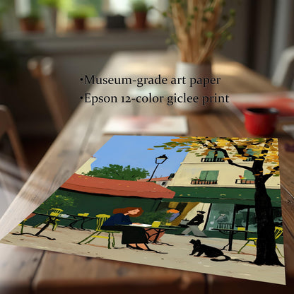 A close-up, angled shot of the unframed artwork print lying on a wooden table. The text "Museum-grade art paper" and "Epson 12-color giclee print" is overlaid on the image. The artwork depicts a woman at an outdoor cafe with a black cat.