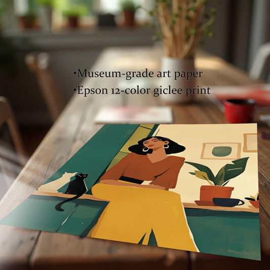 Close-up of a wall art print on museum-grade paper, showcasing the vivid colors and details of the Epson 12-color giclée printing process. Unframed artwork with a modern illustration of a woman and a cat.