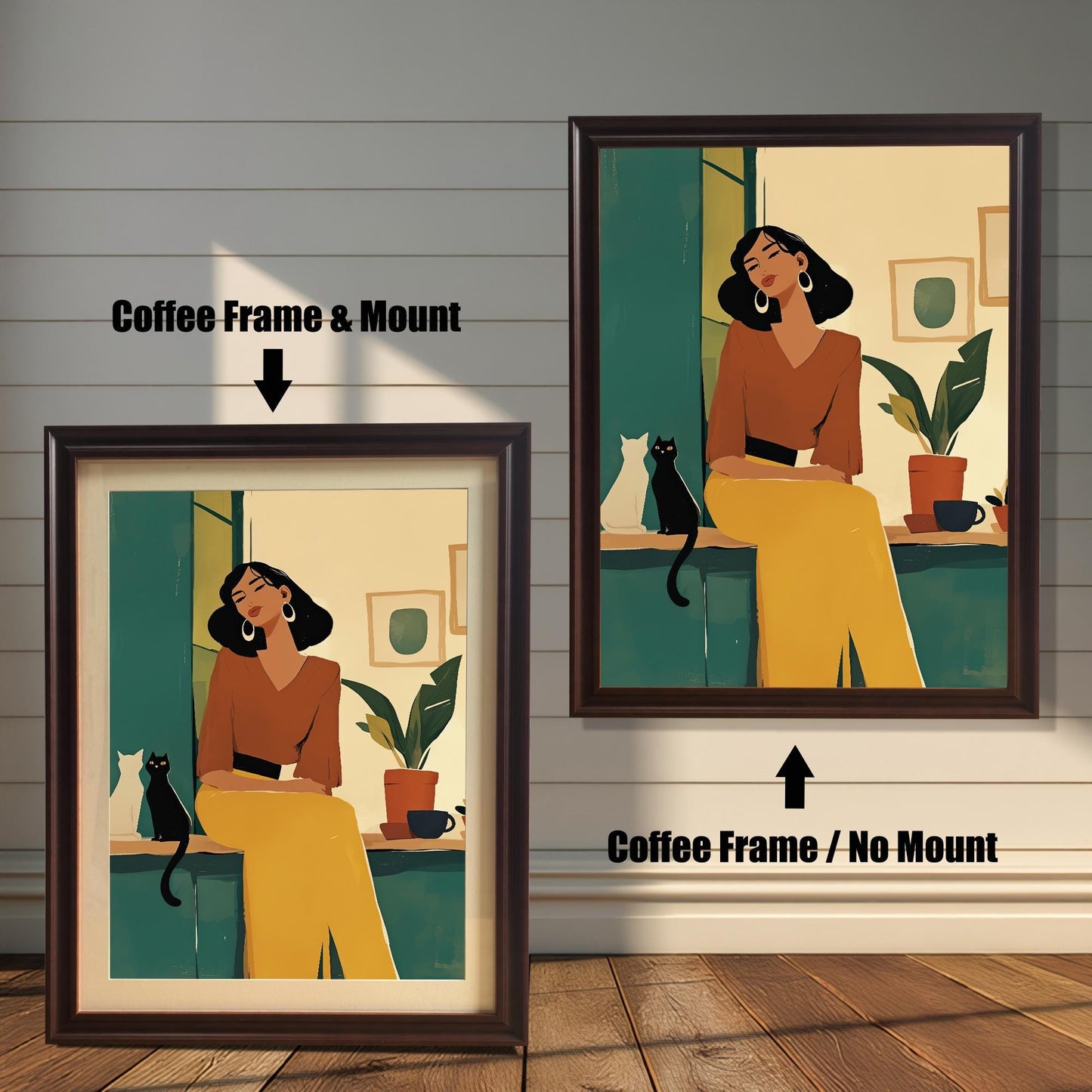 Coffee wood framed wall art print of a woman with a cat, shown with and without a matboard mount. The dark brown frame enhances the warm tones of the modern portrait art.