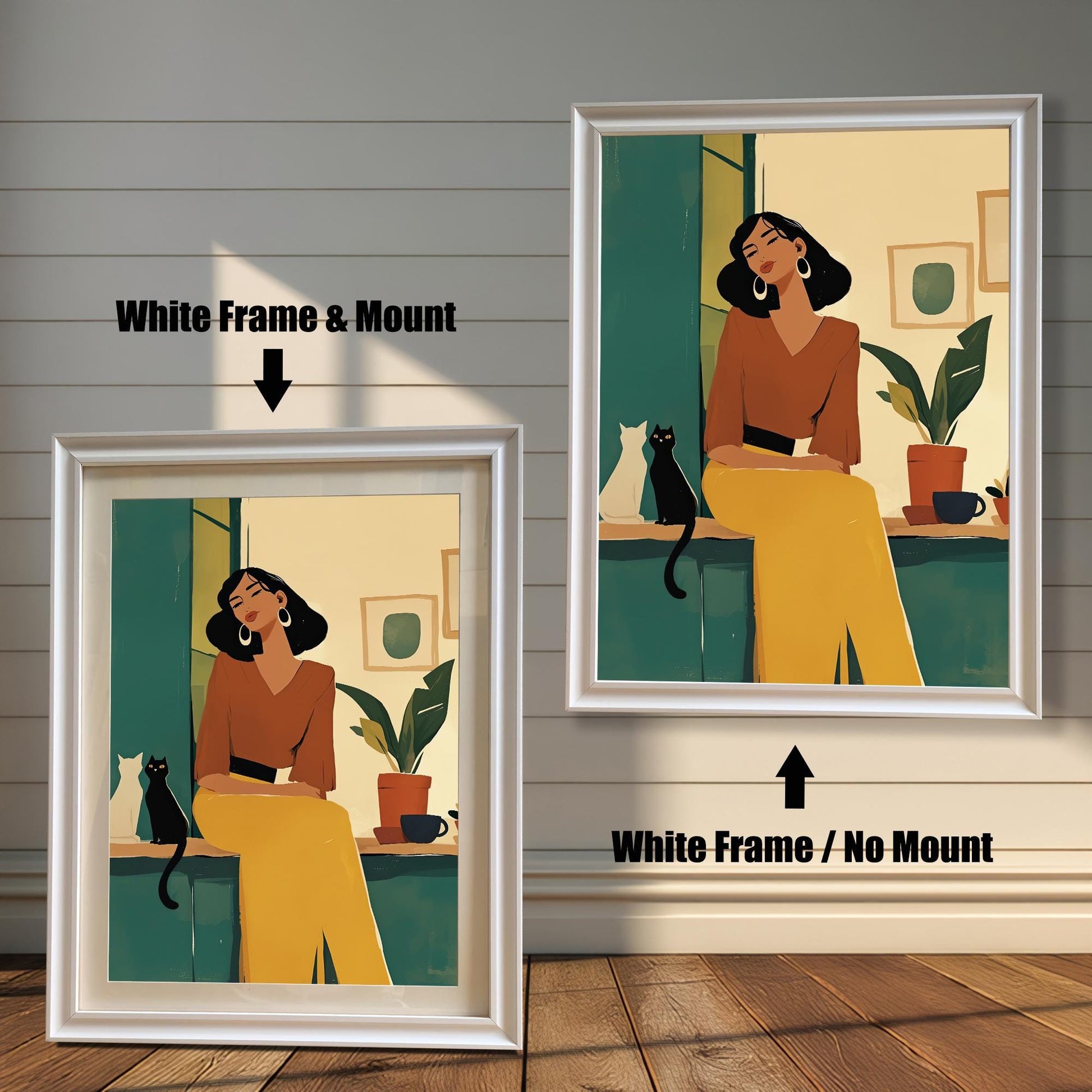 White framed wall art print of a stylish woman and a cat sitting on a counter, offered with and without a white matboard mount. Neutral-toned art for living room decor.