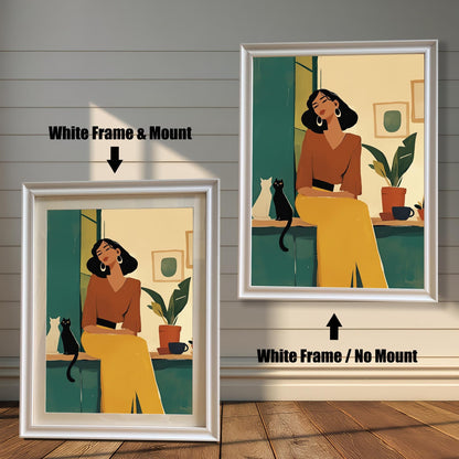 White framed wall art print of a stylish woman and a cat sitting on a counter, offered with and without a white matboard mount. Neutral-toned art for living room decor.