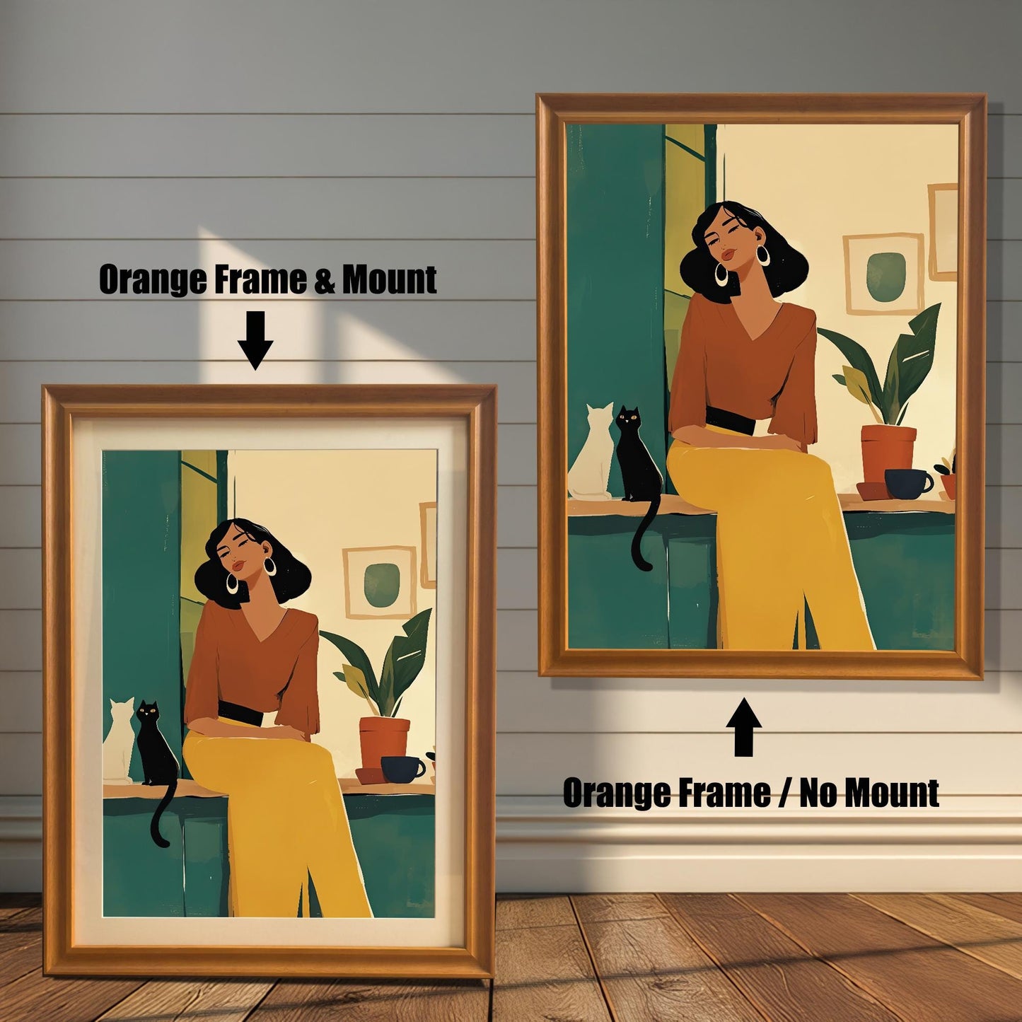 Orange wood framed wall art print depicting a chic woman and a cat in a bright room. A stylish decor piece with two framing options: with or without a matboard mount.