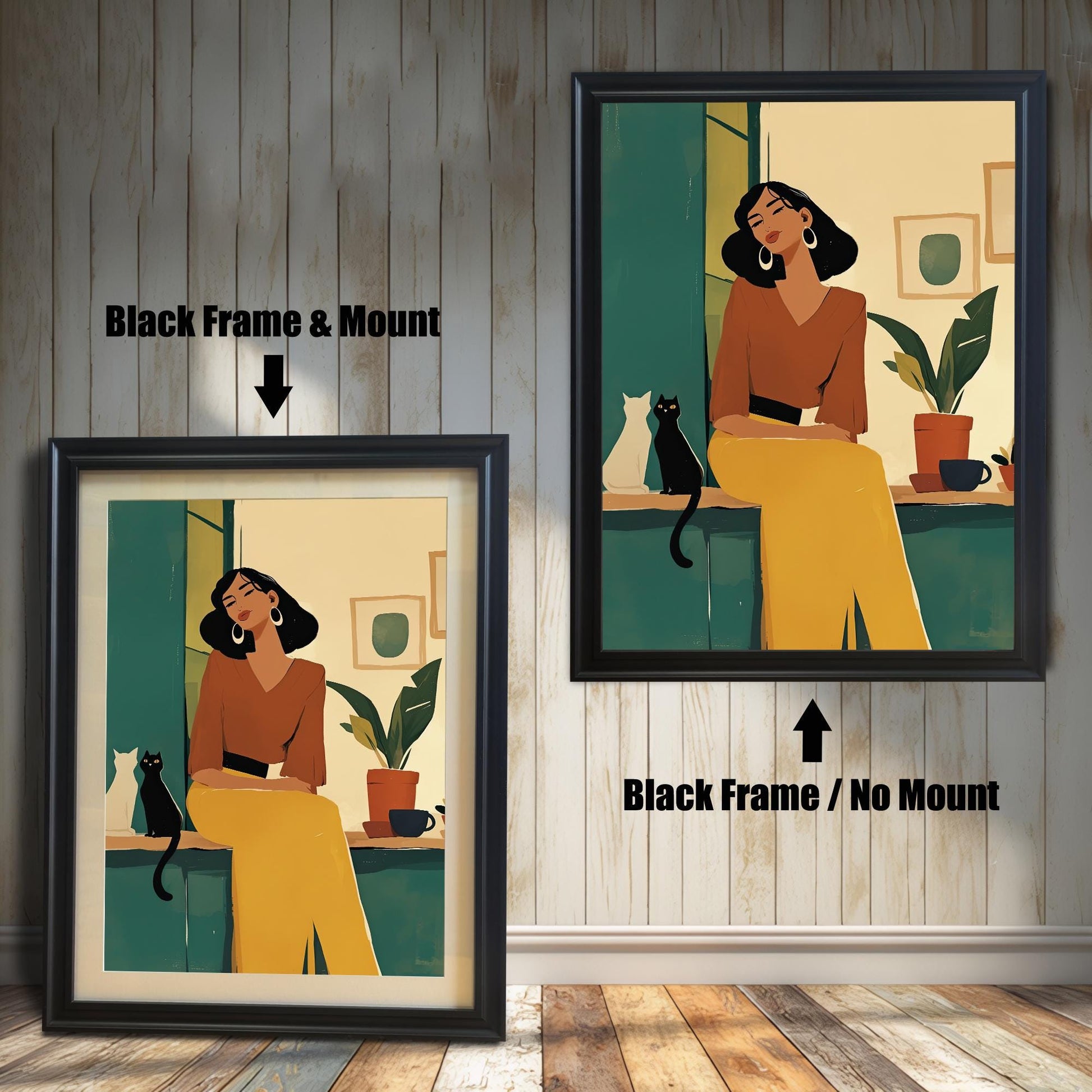Black framed wall art print of a woman with a black cat on a windowsill, available with or without a white matboard mount. Modern minimalist giclée print.