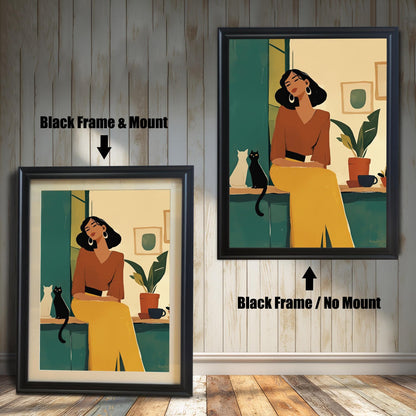 Black framed wall art print of a woman with a black cat on a windowsill, available with or without a white matboard mount. Modern minimalist giclée print.