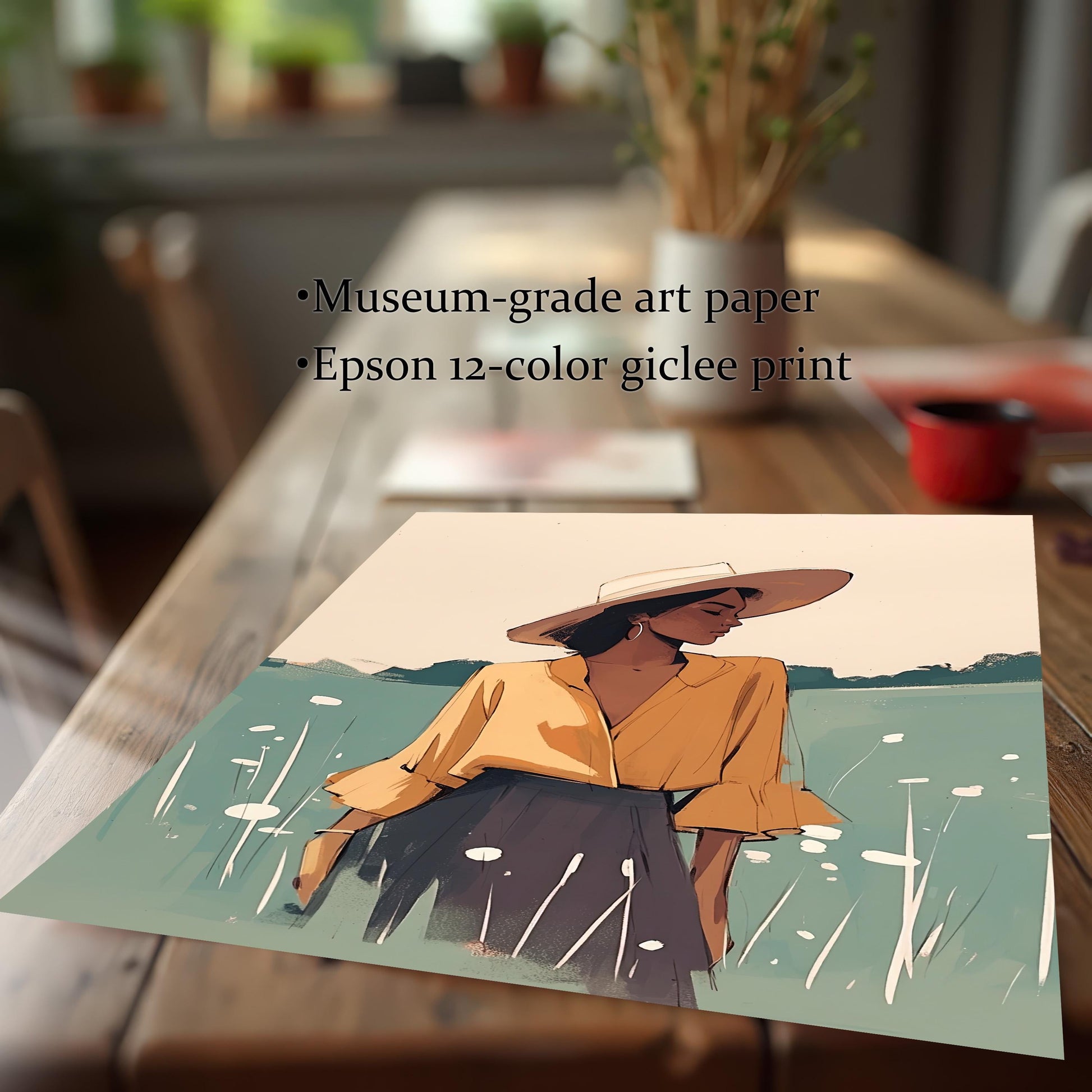 Close-up of an unframed art print on a wooden table, featuring a museum-grade art paper and Epson 12-color giclée print. This shows the high quality of the unframed artwork of a woman in a field.