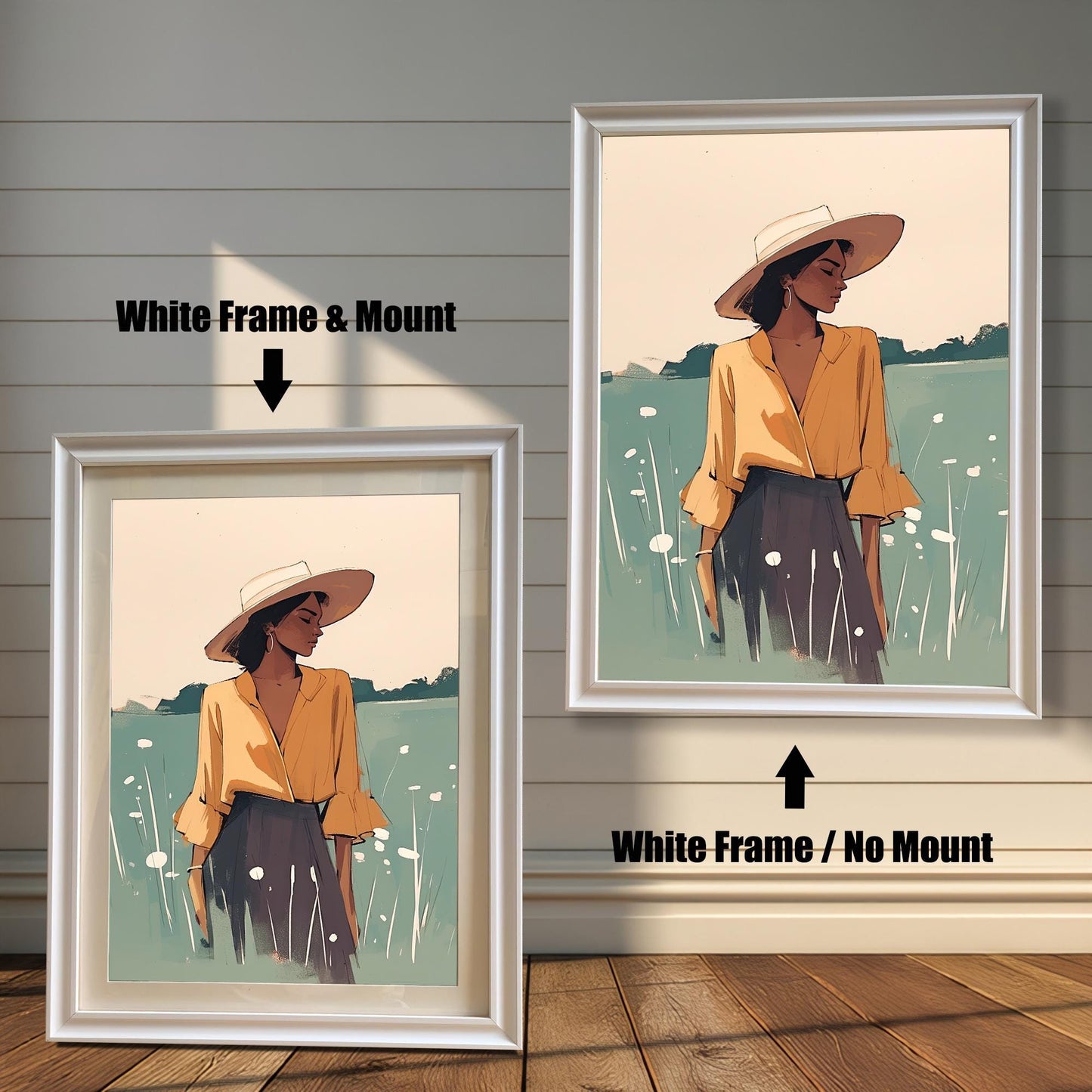 White framed wall art print of a woman in a field, offered with and without a white matboard mount. This stylish illustration is ideal for modern, minimalist, or boho decor.