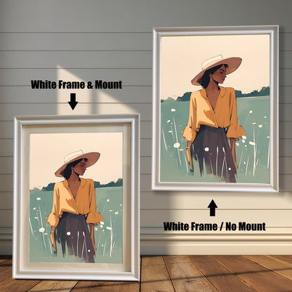 White framed wall art print of a woman in a field, offered with and without a white matboard mount. This stylish illustration is ideal for modern, minimalist, or boho decor.