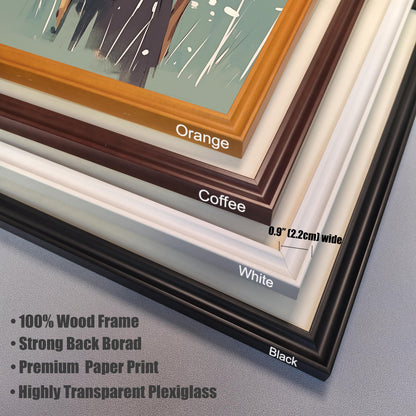 Close-up of four different wood frame corners in orange, coffee, white, and black, showing the 0.9-inch (2.2cm) width. Features include a 100% wood frame, strong backboard, premium paper print, and highly transparent plexiglass.