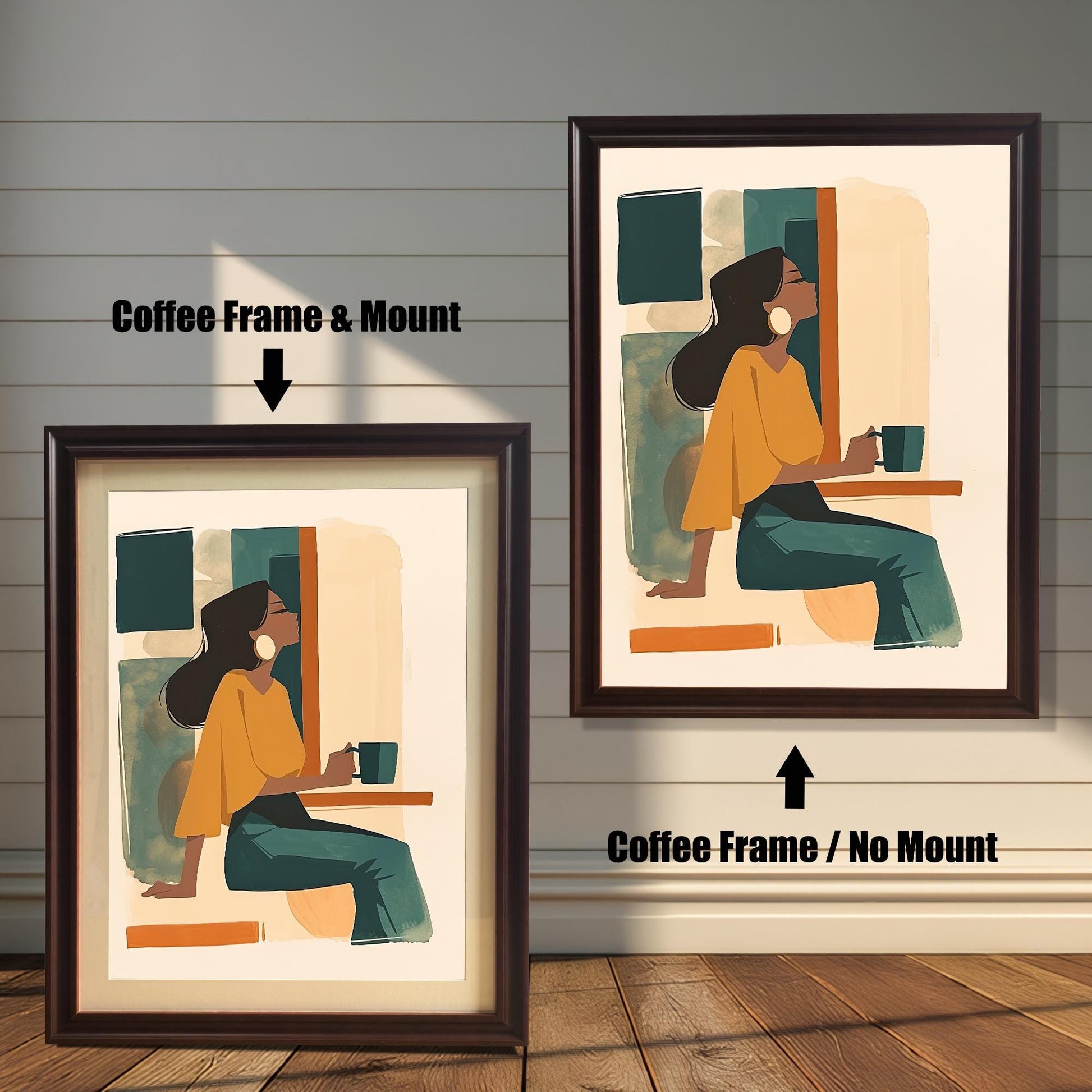 Coffee wood framed wall art print of a woman drinking coffee, offered with and without a white matboard mount. This modern giclée print adds a relaxing vibe to any home office or living room.