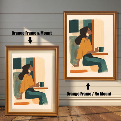 Orange wood framed wall art print of a woman holding a cup, shown with and without a matboard mount. The warm orange frame complements the art's colors and brings a touch of warmth to any room.